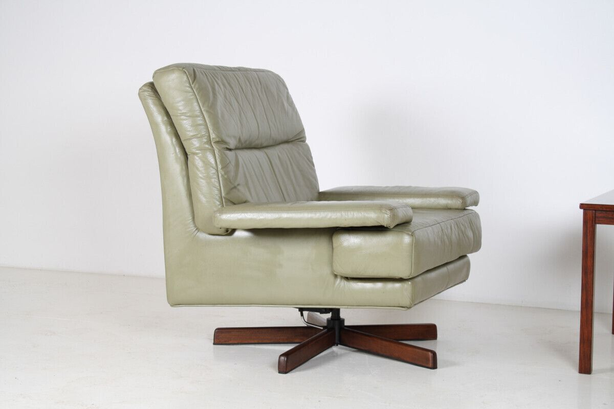 Danish Mid Century 1960s Sage Green Leather Swivel Lounge Chair With Tilt photo vinterior
