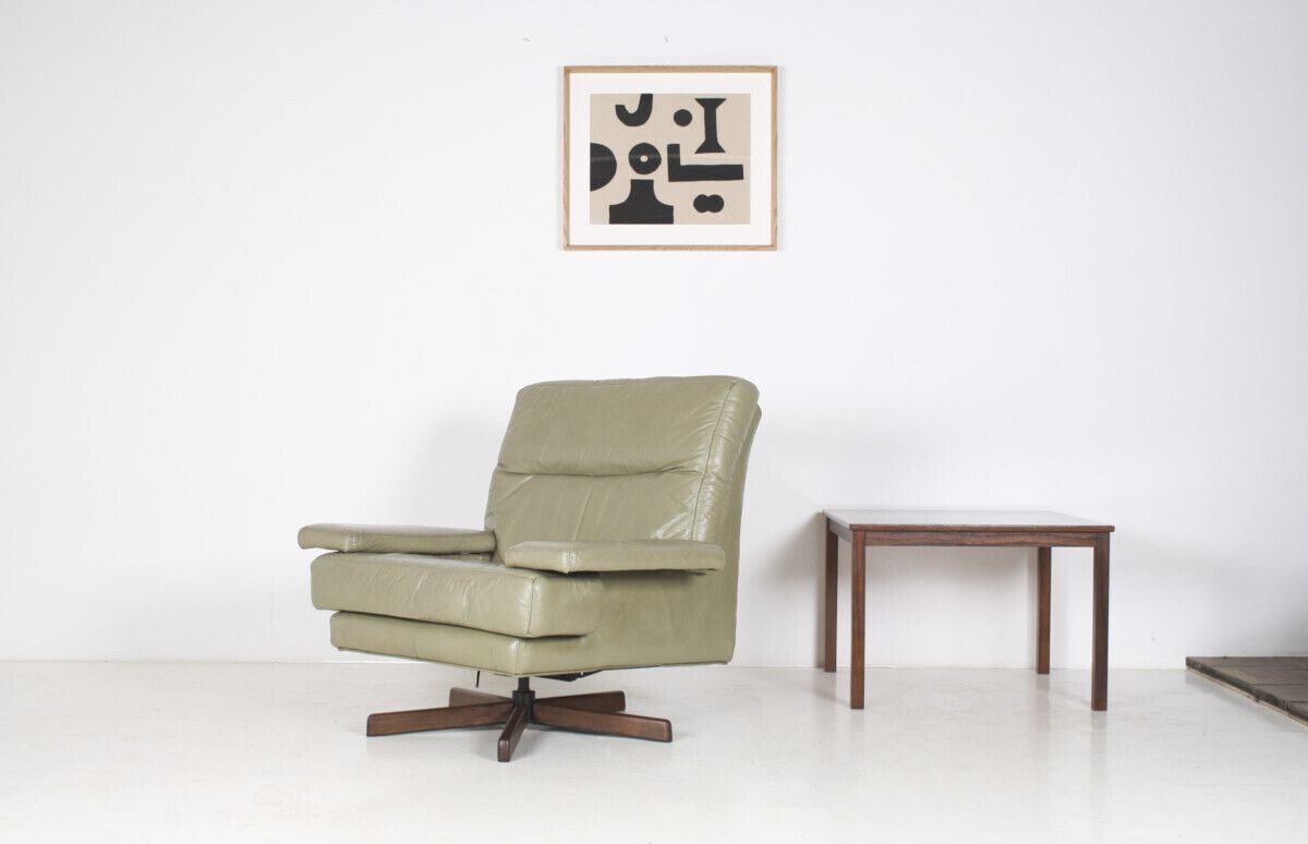 Danish Mid Century 1960s Sage Green Leather Swivel Lounge Chair With Tilt photo vintage