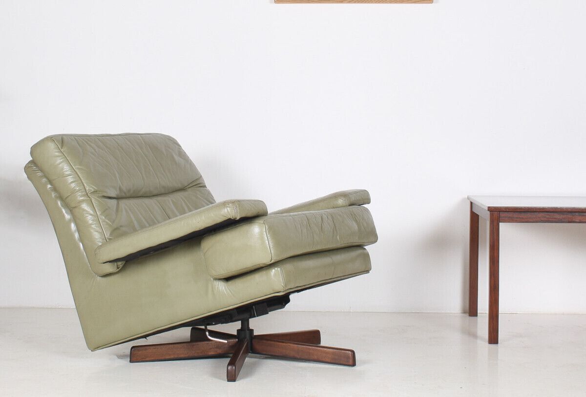 photo for sale Danish Mid Century 1960s Sage Green Leather Swivel Lounge Chair With Tilt