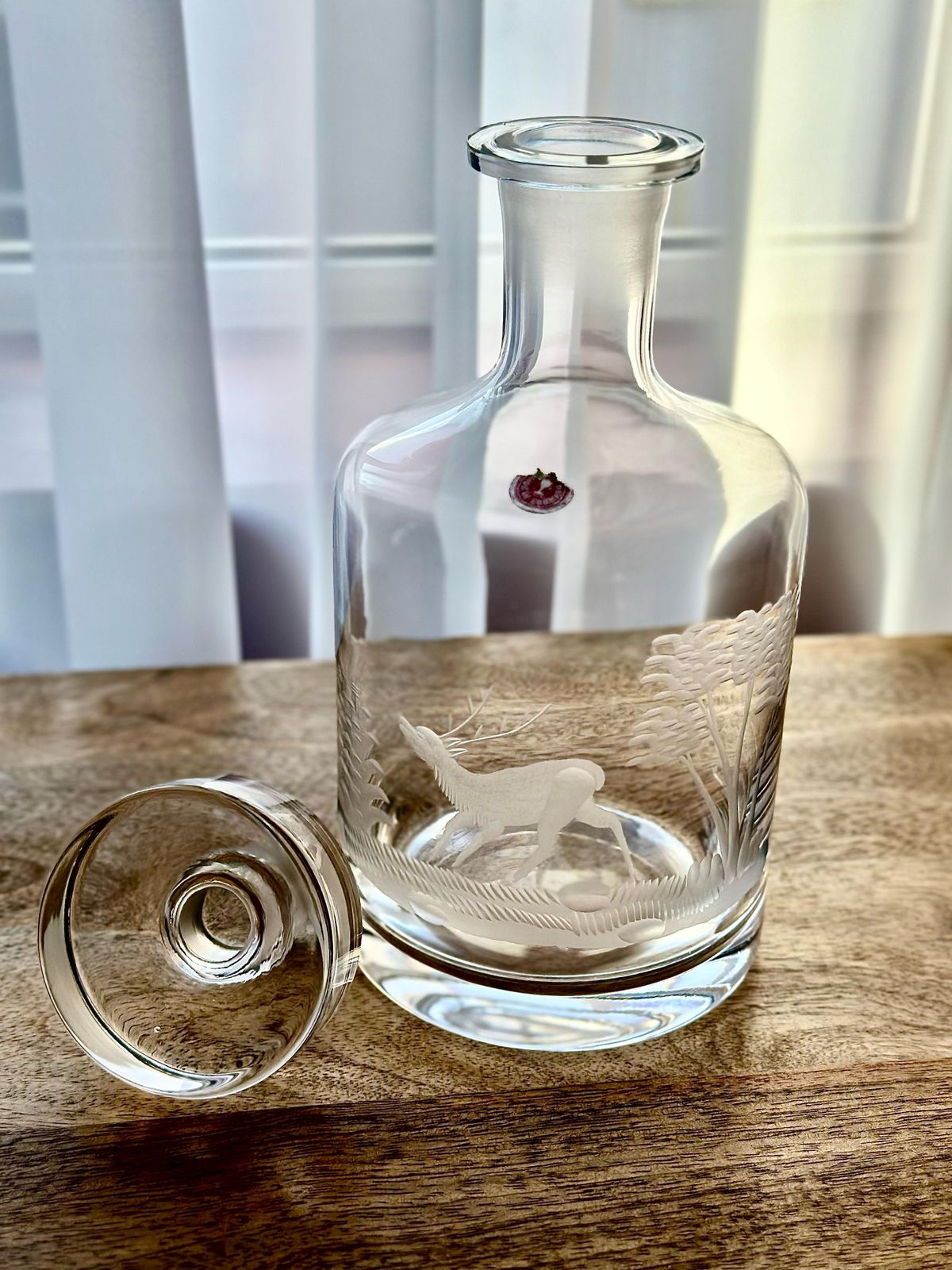 Romanian Engraved Glass Decanter – Stag & Forest Scene, 27cm photo furniture