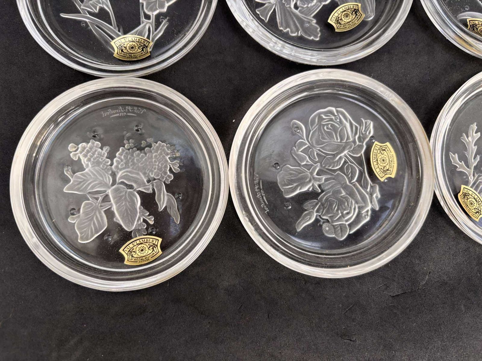 Set Of 6 Crystal Coasters From Val Saint Lambert Made In Belgium, Intaglio Crystal Flowers Crystal Cut, Crystal Relief, Bar Accessories photo Home Decor