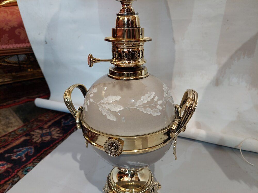 Pair Of Late 19thc Gilt Brass & Porcelain Oil Lamp photo for sale