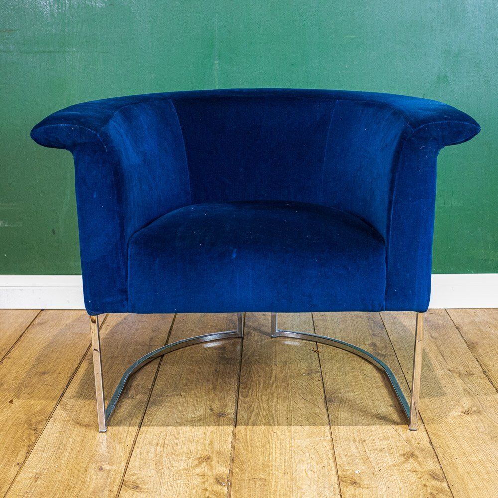 Chrome Framed Barrel Back Blue Tub Armchair