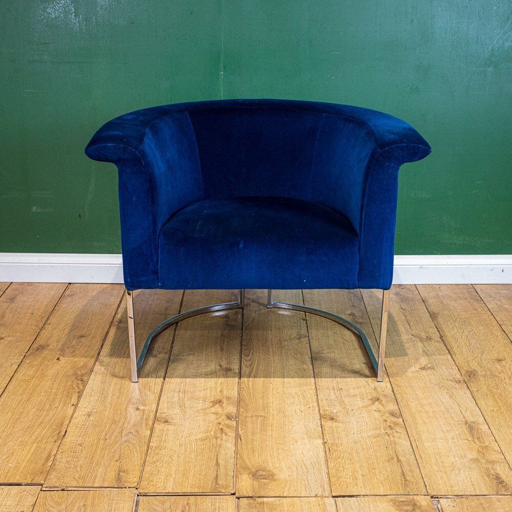 Chrome Framed Barrel Back Blue Tub Armchair photo for sale