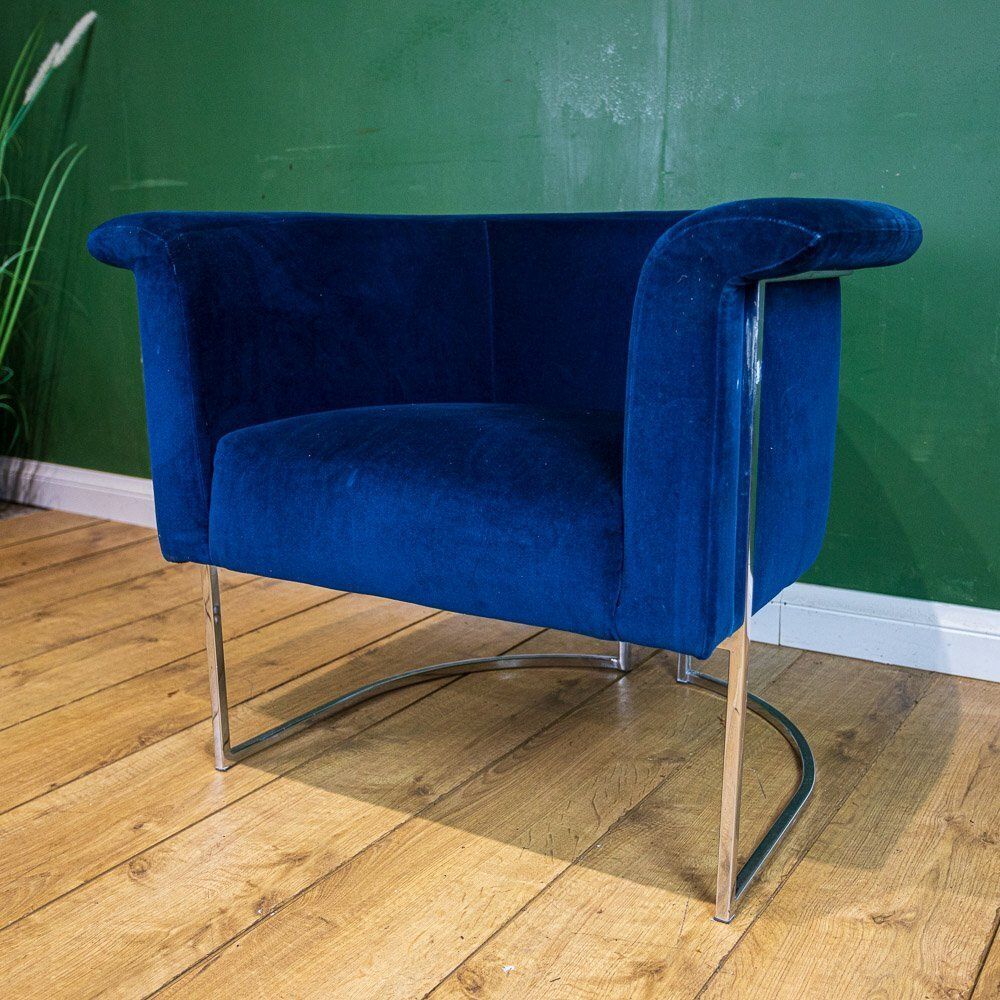 Chrome Framed Barrel Back Blue Tub Armchair photo Furniture
