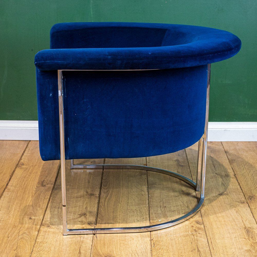 Chrome Framed Barrel Back Blue Tub Armchair photo buy