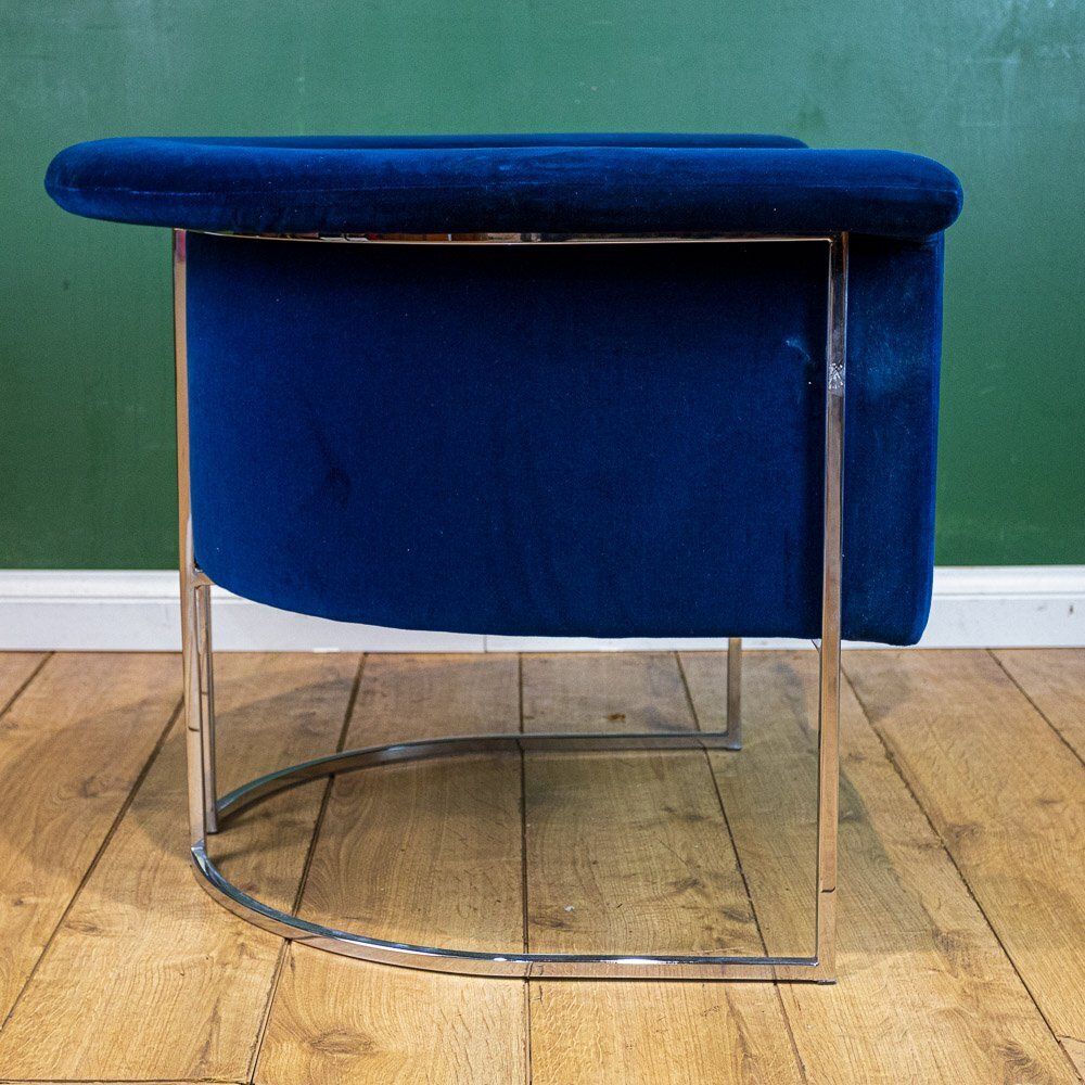 Chrome Framed Barrel Back Blue Tub Armchair photo vintage