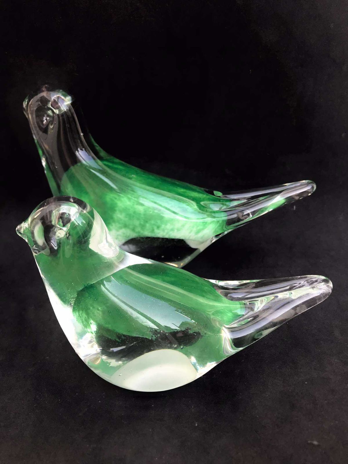 Art Glass Birds Figurine Set 2 Paperweight Blown Glass Green And Clear Vintage Glass Art Collectables Office Adornment,Kitchen Decor