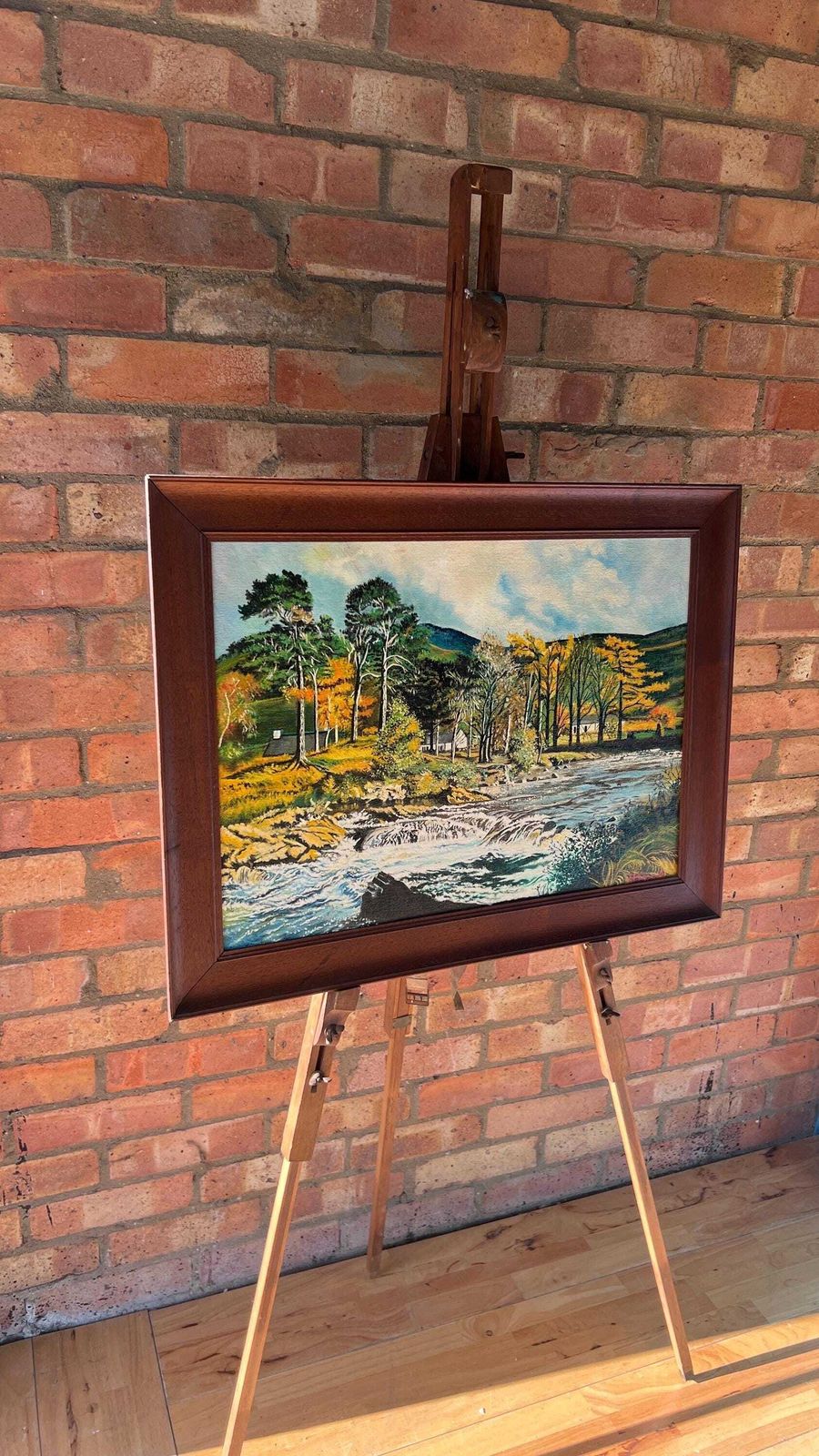 Framed Mid Century Oil Painting By H. Hood – Scenic River Landscape