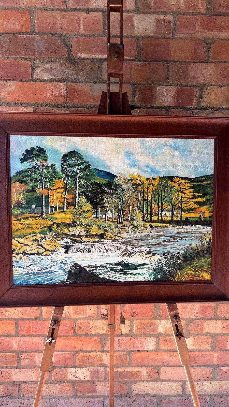 Framed Mid Century Oil Painting By H. Hood – Scenic River Landscape photo for sale