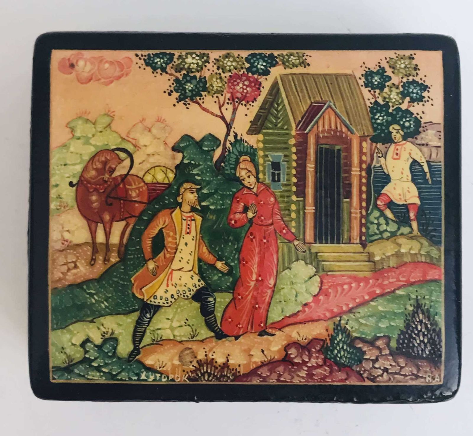 Antique Russian Lacquer Box Fedoskino Miniature Palekh Russian Hand Painted Lacquer Jewelry Trinket Box Signed Russian Folk Handicraft Gift