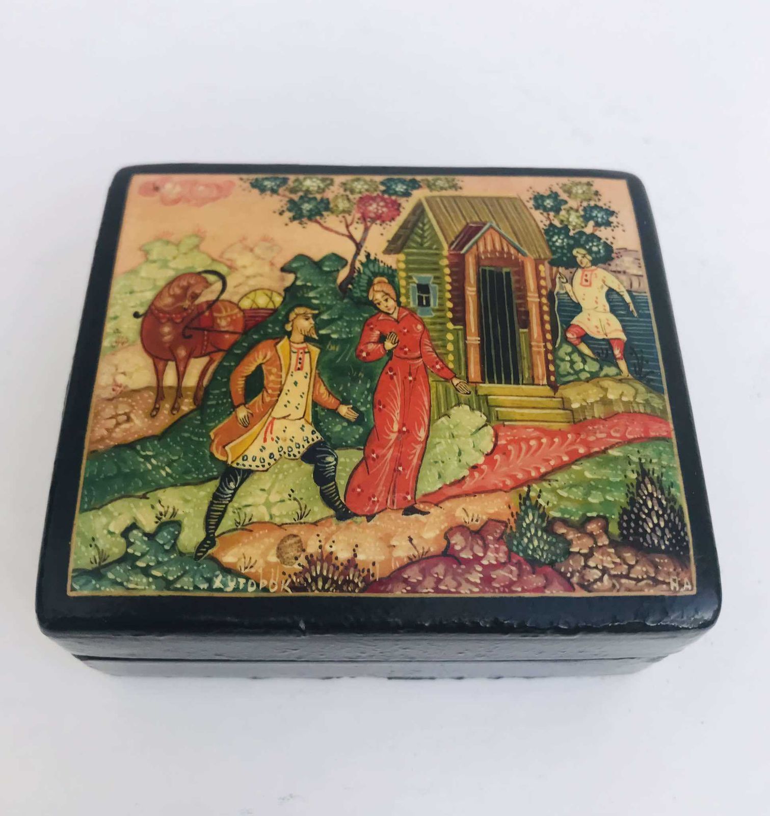 Antique Russian Lacquer Box Fedoskino Miniature Palekh Russian Hand Painted Lacquer Jewelry Trinket Box Signed Russian Folk Handicraft Gift photo furniture