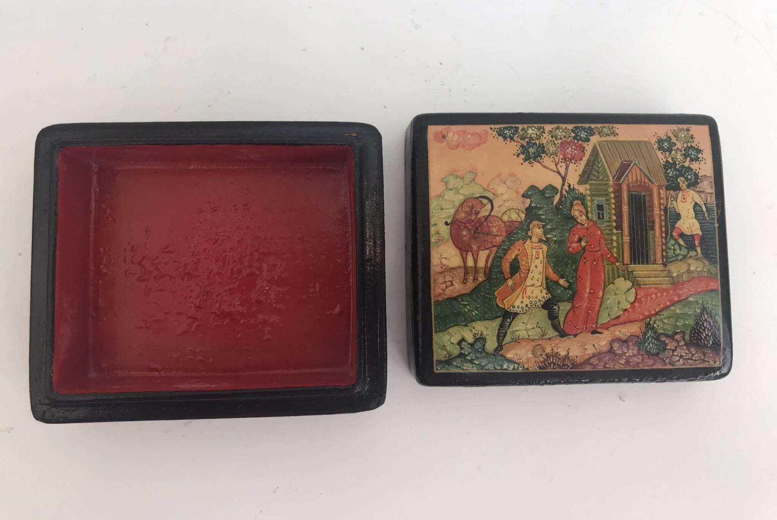 Antique Russian Lacquer Box Fedoskino Miniature Palekh Russian Hand Painted Lacquer Jewelry Trinket Box Signed Russian Folk Handicraft Gift photo for sale