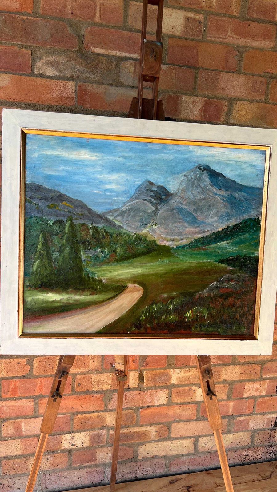 Mid Century Oil Painting – Langdale Pikes, Lake District – Framed Landscape photo furniture