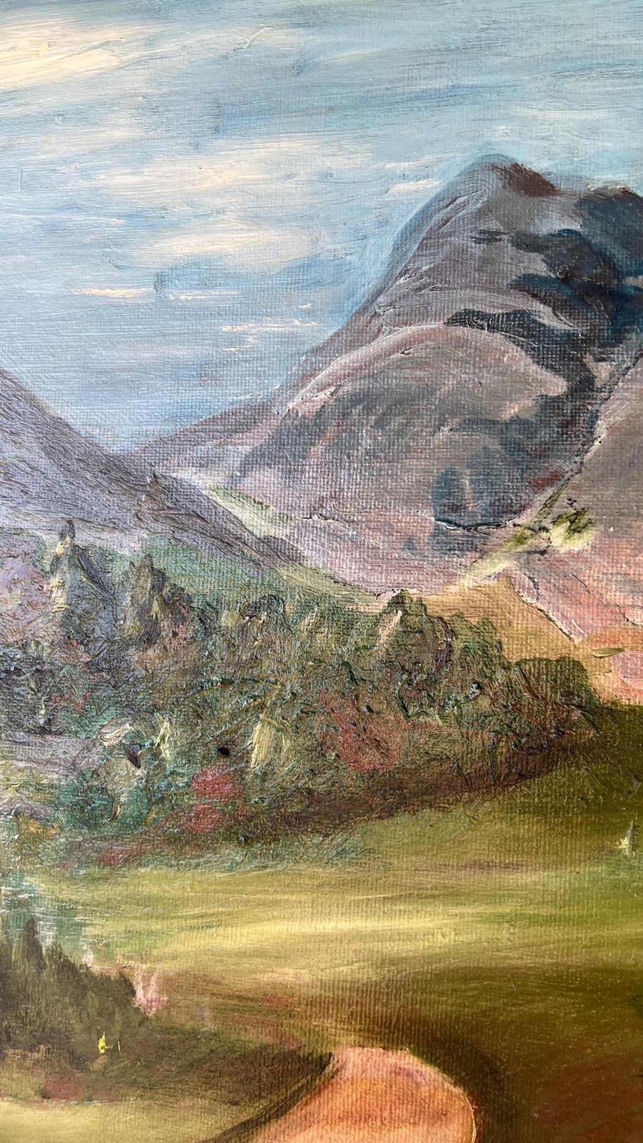 Mid Century Oil Painting – Langdale Pikes, Lake District – Framed Landscape photo vintage