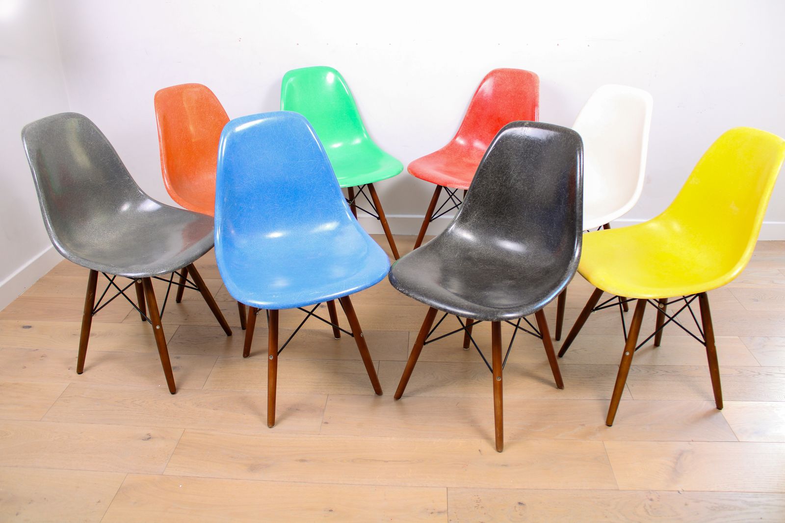 A Mixed (Harlequin) Set Of 8 Original Herman Miller Fiberglass Eames Dsw Chairs photo furniture