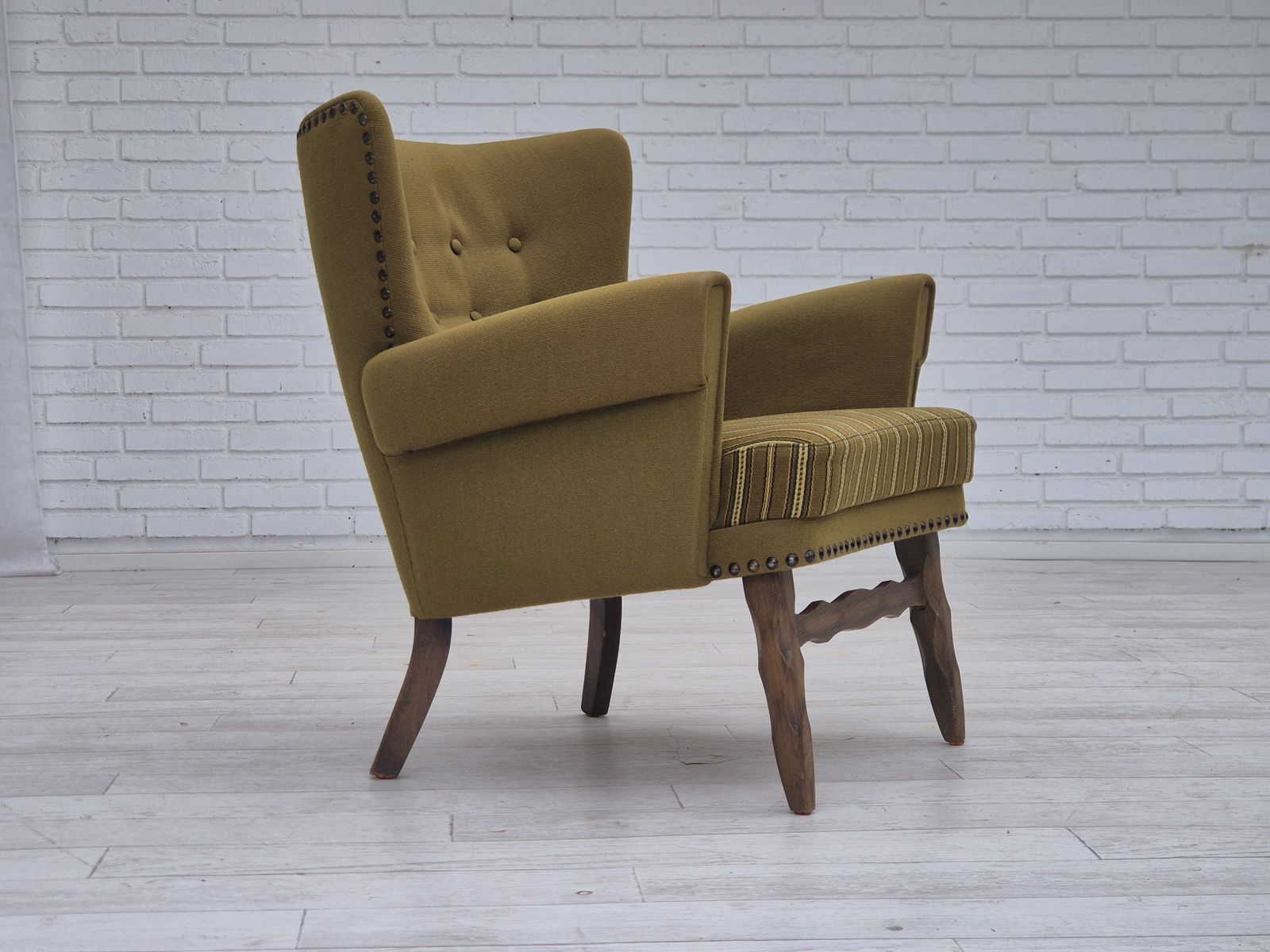 1970s, Danish Lounge Chair, Original Green Furniture Wool, Oak Wood. photo for sale