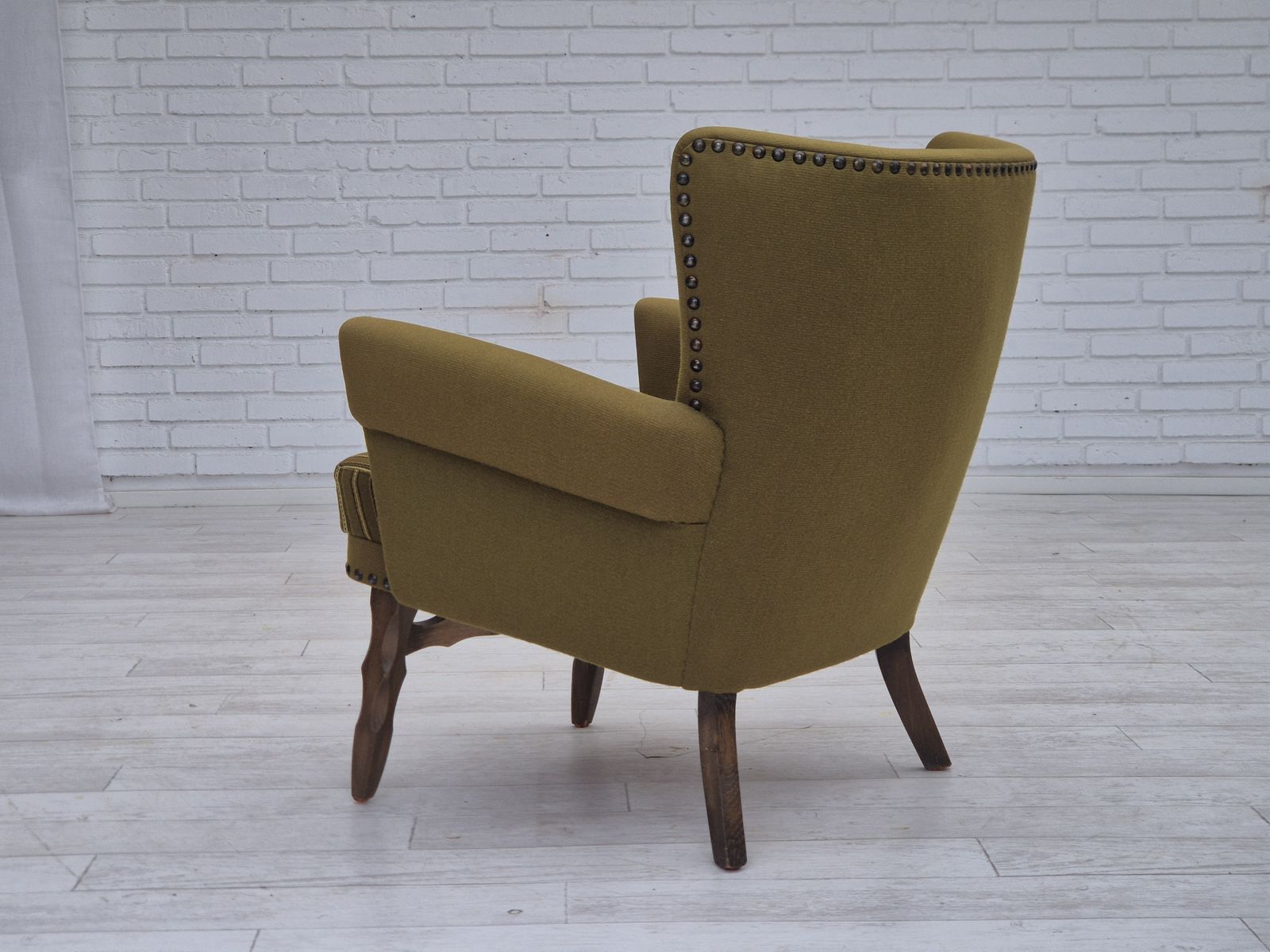 1970s, Danish Lounge Chair, Original Green Furniture Wool, Oak Wood. photo 795.0