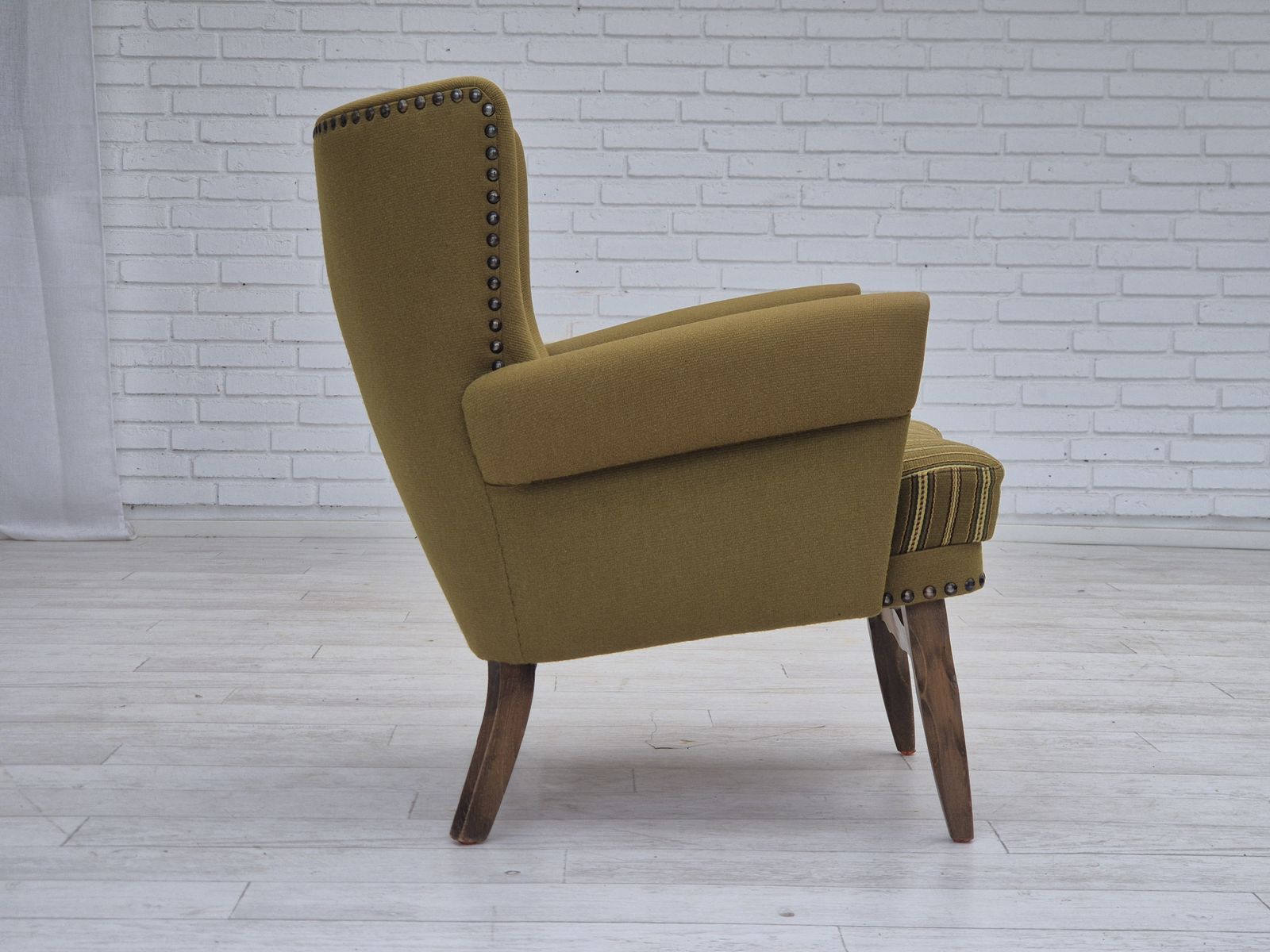 1970s, Danish Lounge Chair, Original Green Furniture Wool, Oak Wood. photo buy