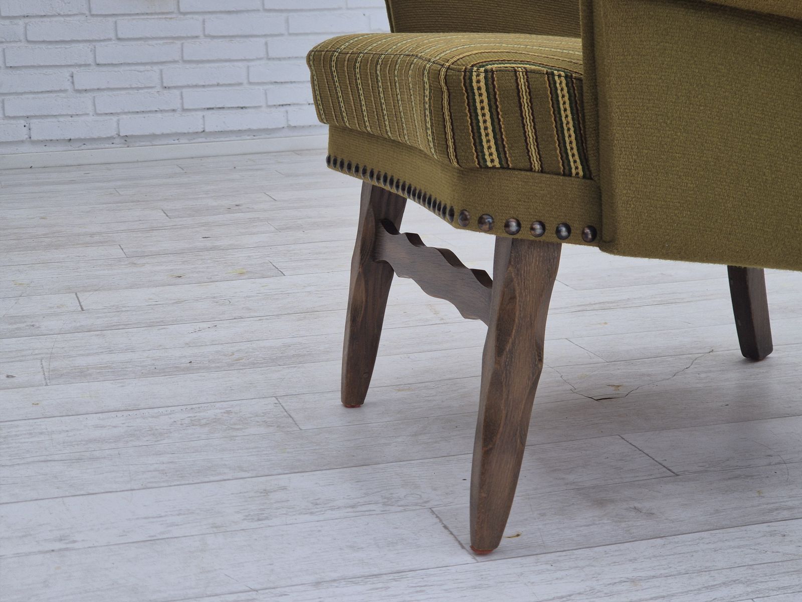Furniture 1970s, Danish Lounge Chair, Original Green Furniture Wool, Oak Wood. photo