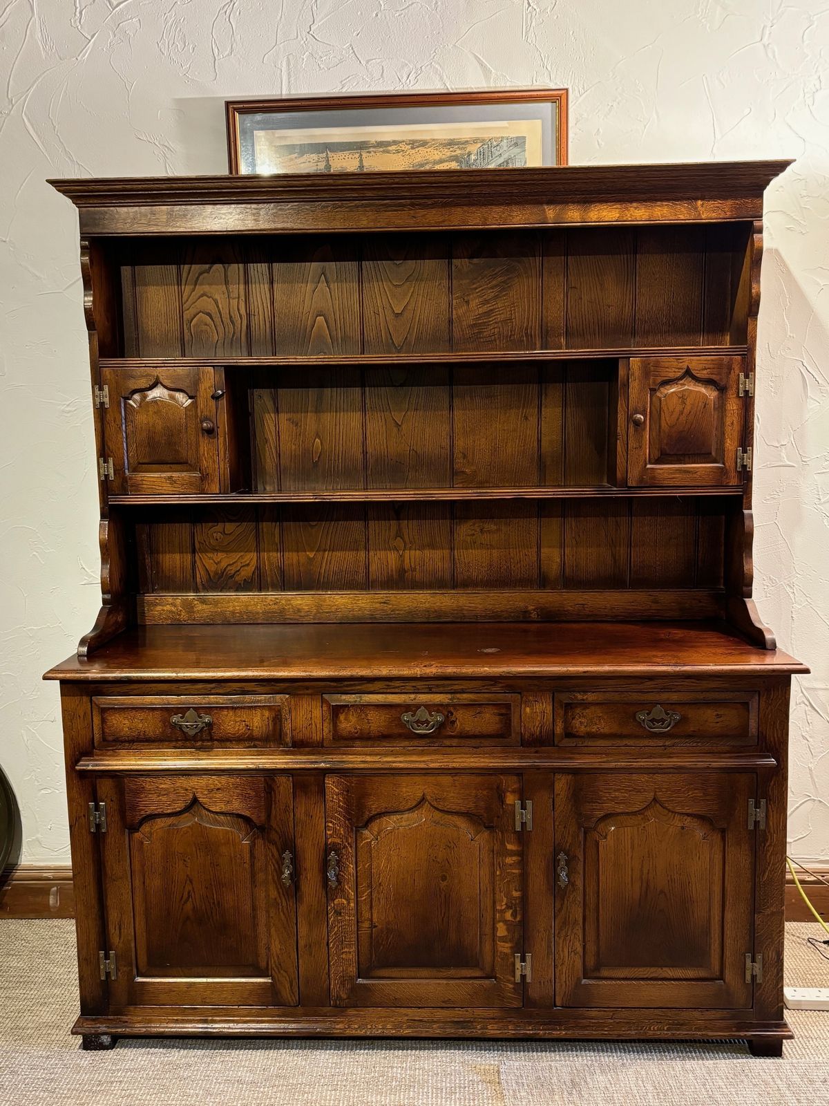 Reproduction Antique Oak Dresser With Open Rack And Low Enclosed Cupboard