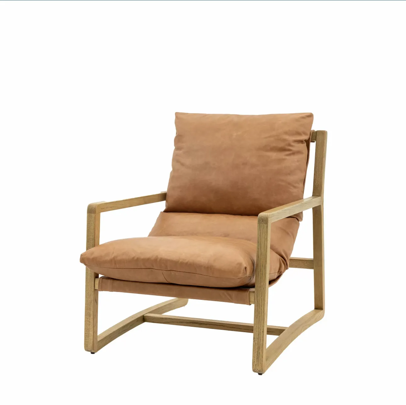 Nordic Mid Century Modern Sling Chair, Tan Leather & Ash Wood, Danish Style photo furniture