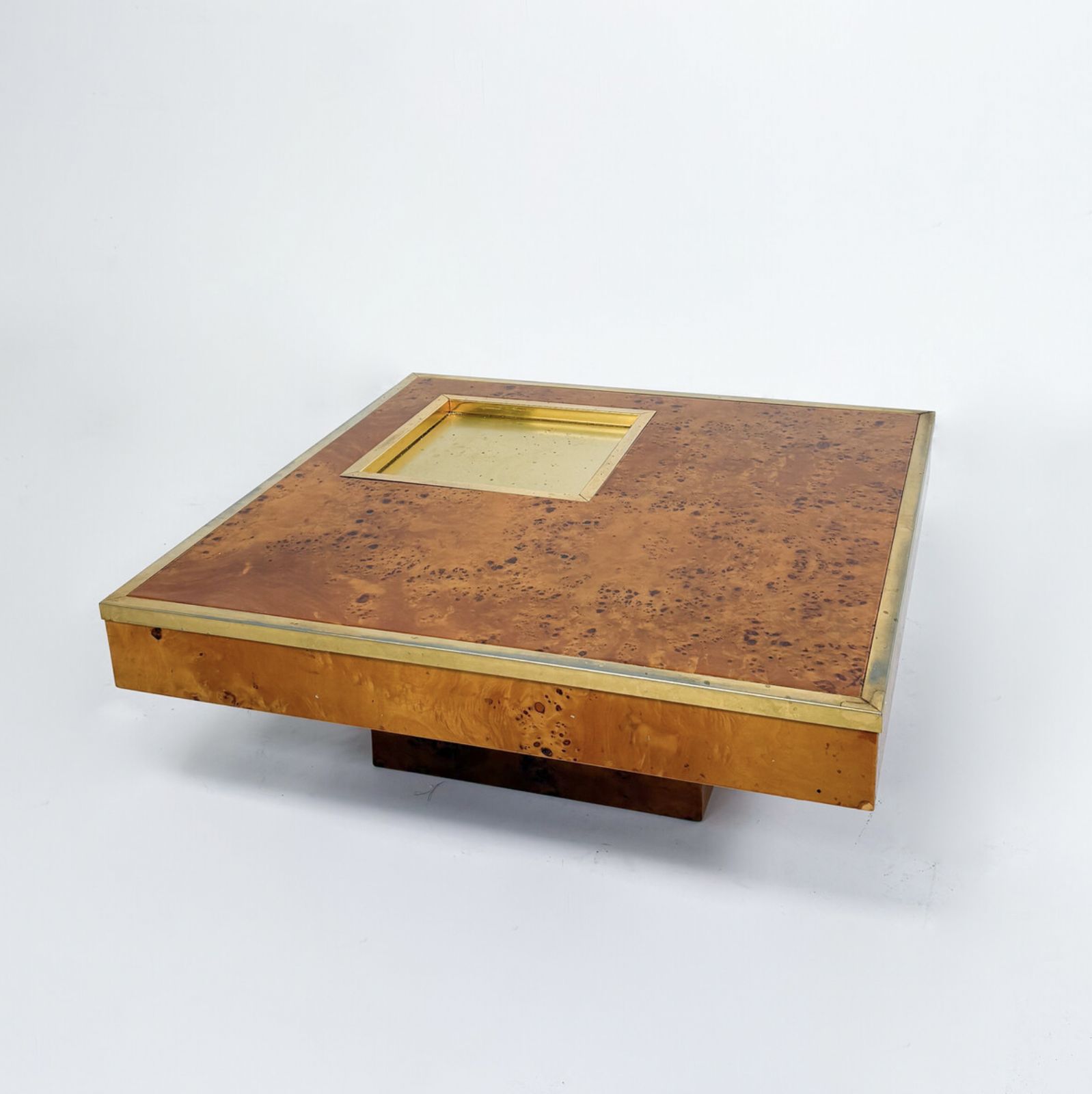 Mid Century Modern Coffee Table, Burl Wood And Brass, 1970s