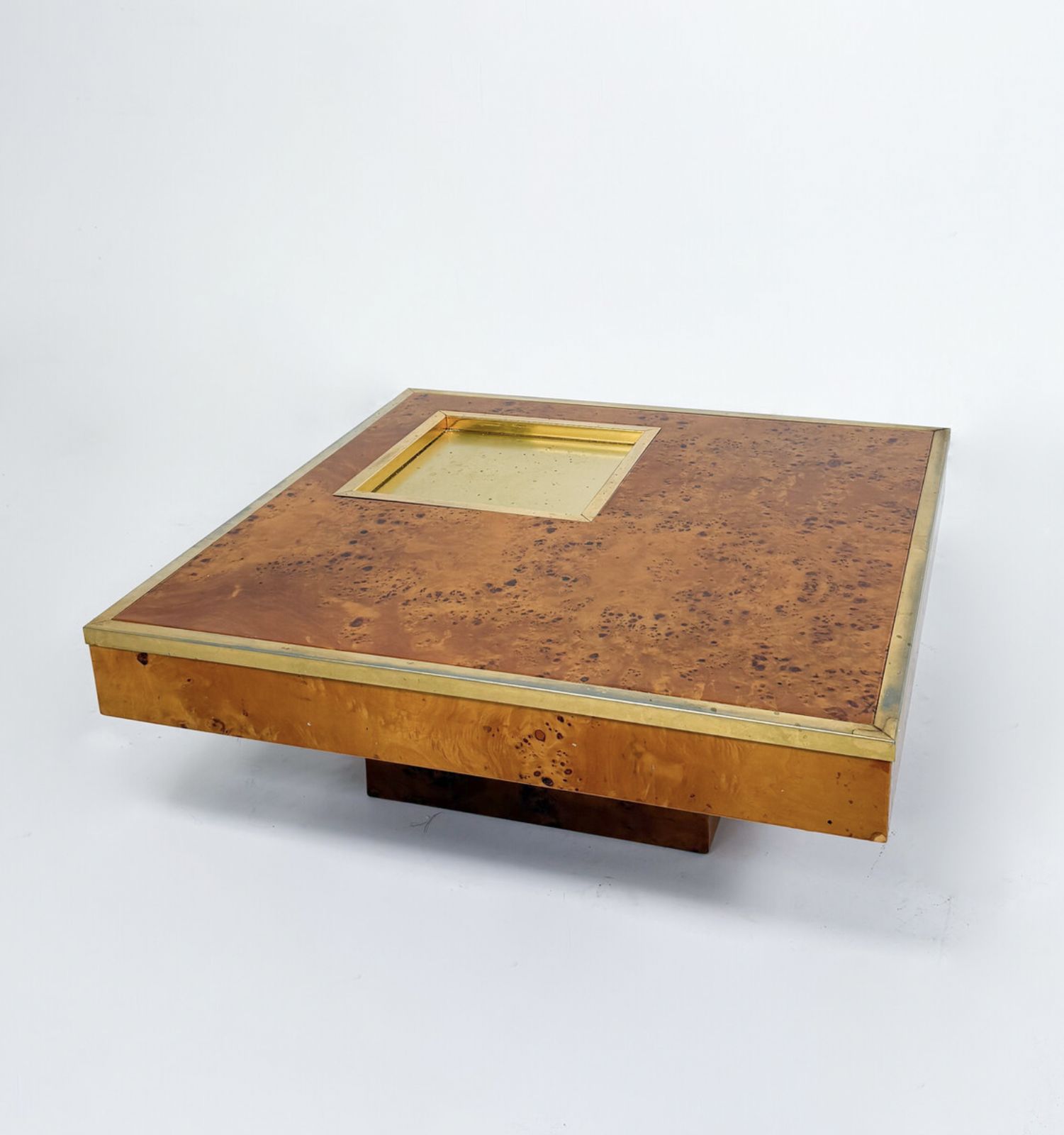 Mid Century Modern Coffee Table, Burl Wood And Brass, 1970s photo furniture