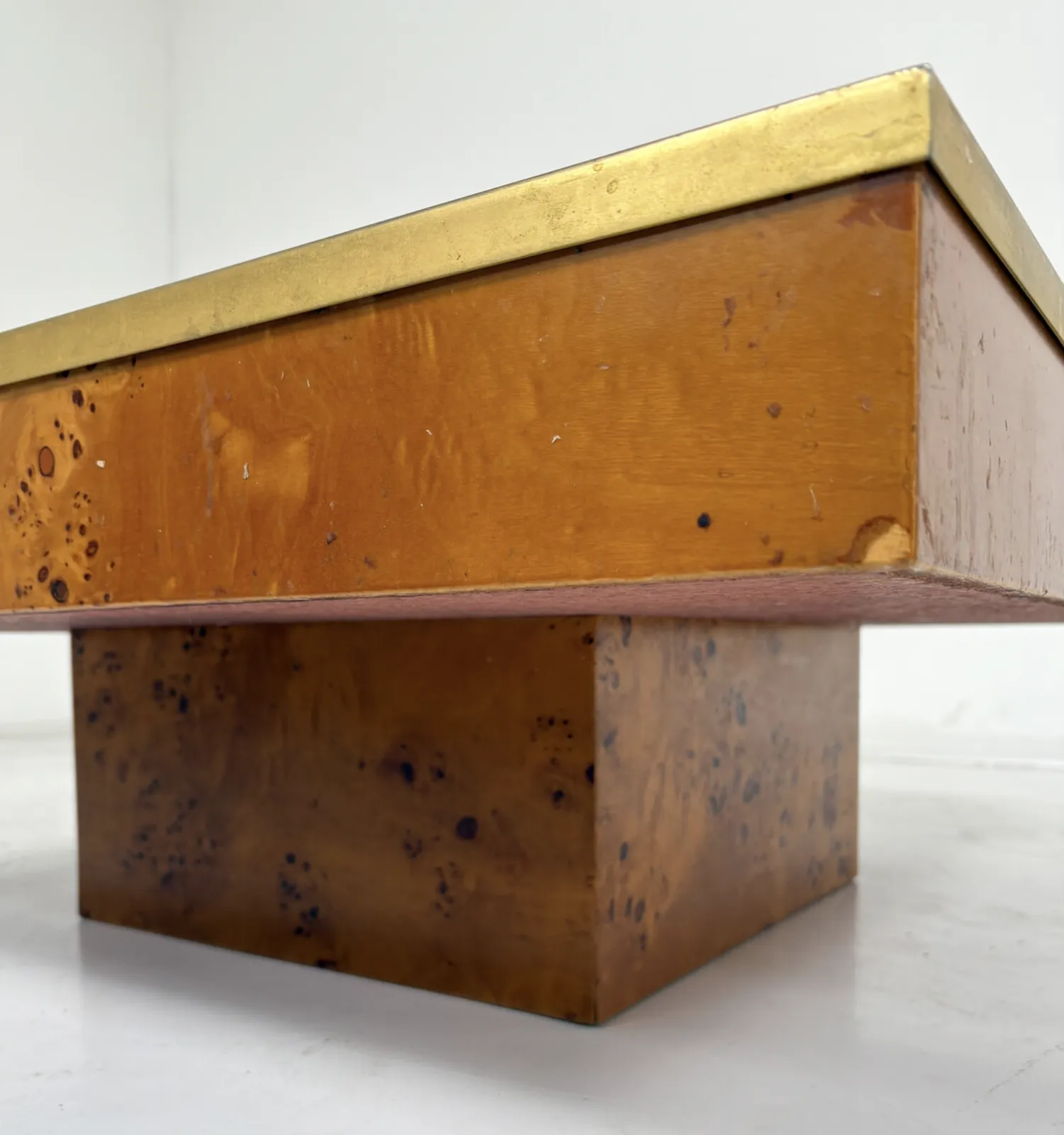 Mid Century Modern Coffee Table, Burl Wood And Brass, 1970s photo for sale