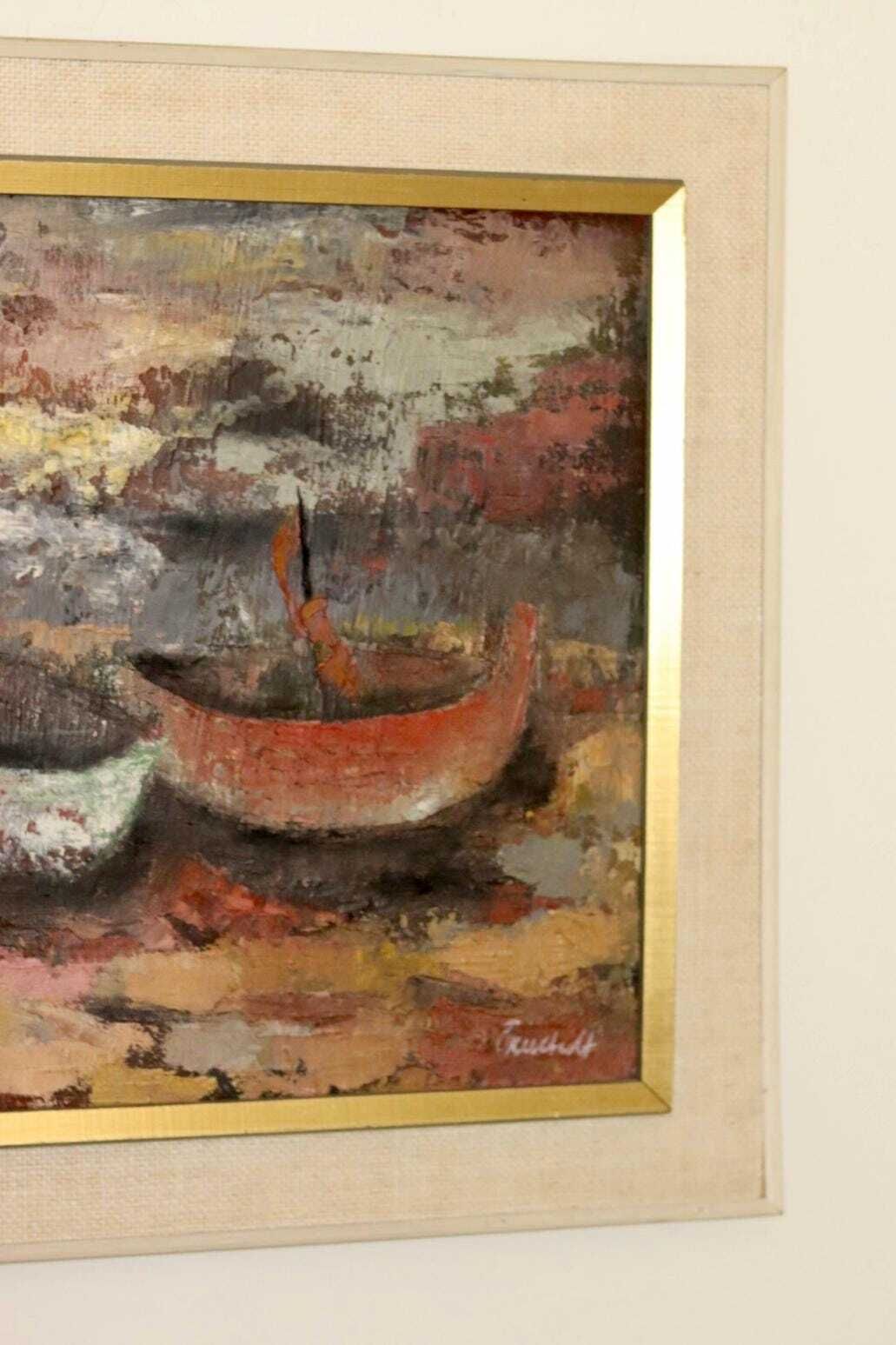 Original Swedish Mid Century Oil On Canvas Painting "Boats" By örnstedt   Vintage & Framed photo vinterior