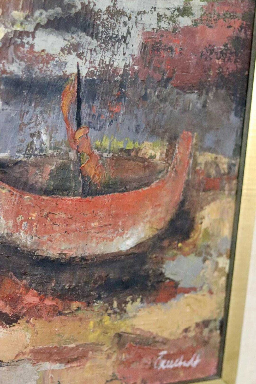 photo furniture Original Swedish Mid Century Oil On Canvas Painting "Boats" By örnstedt   Vintage & Framed