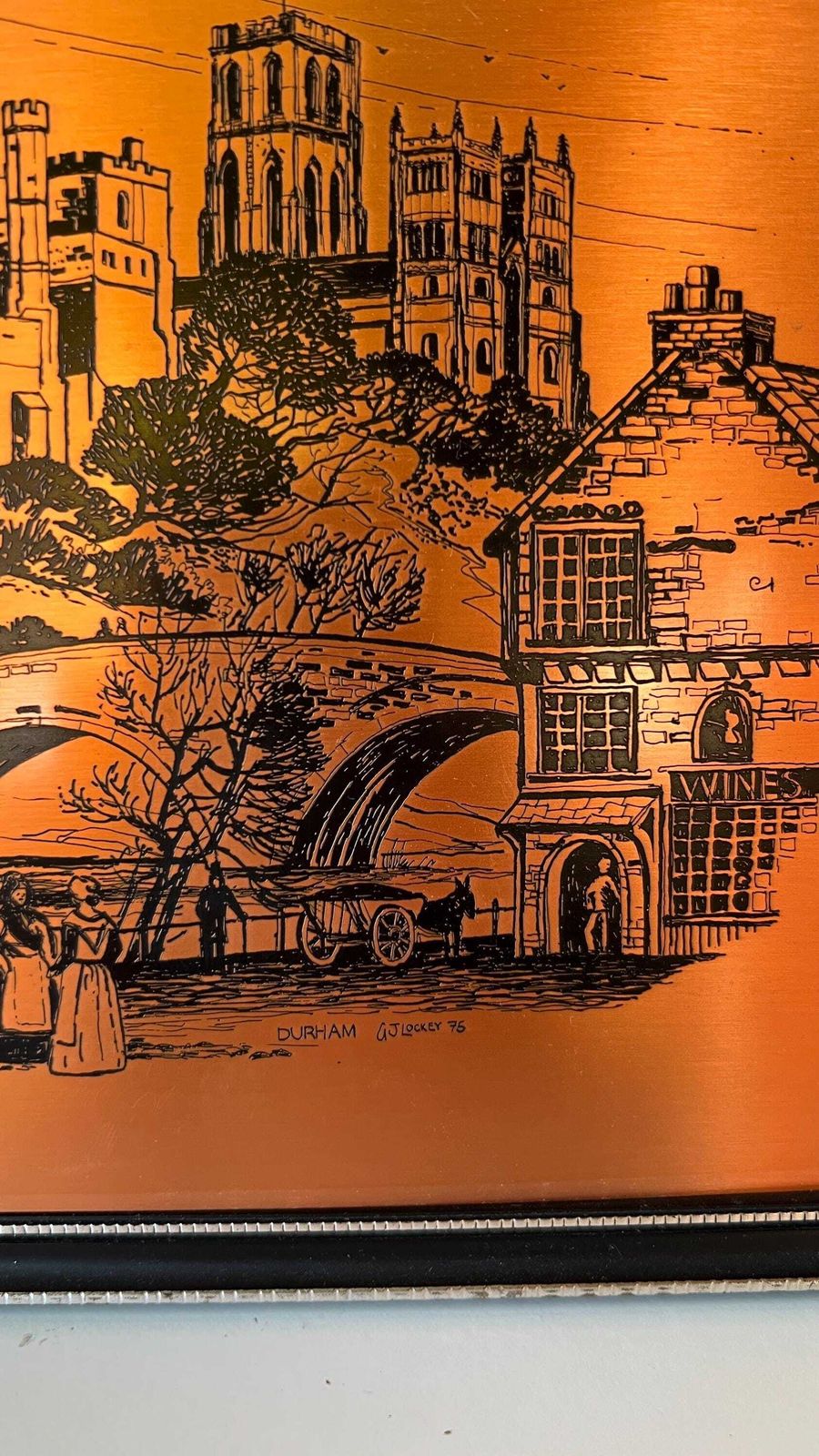 1975 Copper Printing Plate By G. J. Lockey – Durham Cityscape, Framed photo for sale