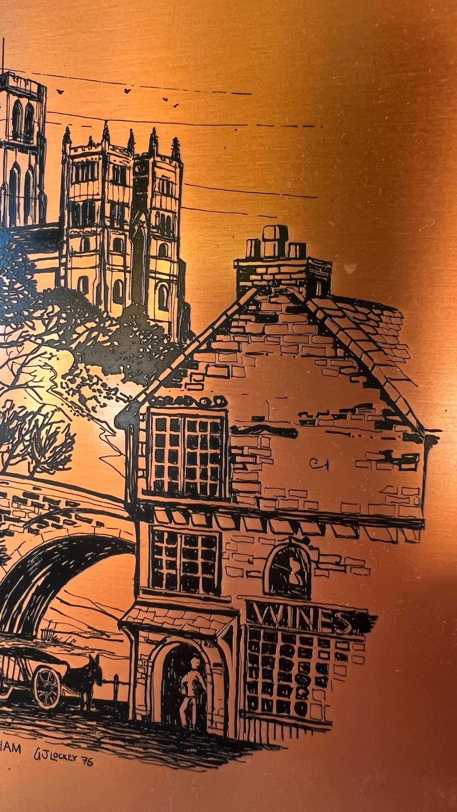 1975 Copper Printing Plate By G. J. Lockey – Durham Cityscape, Framed photo Art