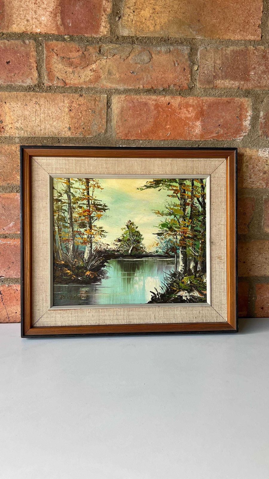 Mid Century Oil Painting By Rickenbach – Tranquil River Landscape, Framed photo furniture