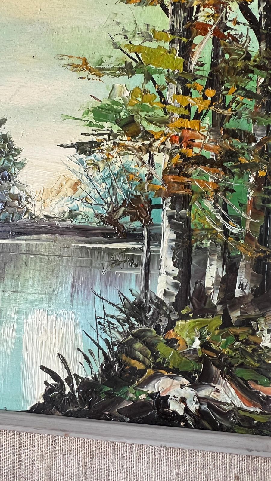 Mid Century Oil Painting By Rickenbach – Tranquil River Landscape, Framed photo vinterior