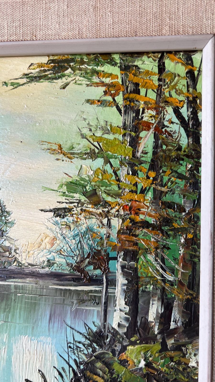 Mid Century Oil Painting By Rickenbach – Tranquil River Landscape, Framed photo buy