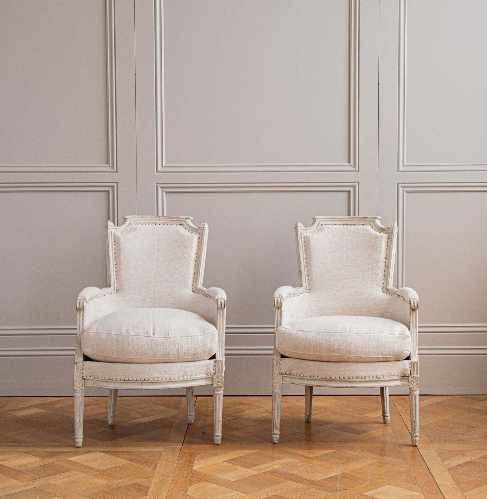 photo for sale Antique White Bergere Armchairs Late 19th Century French Armchairs
