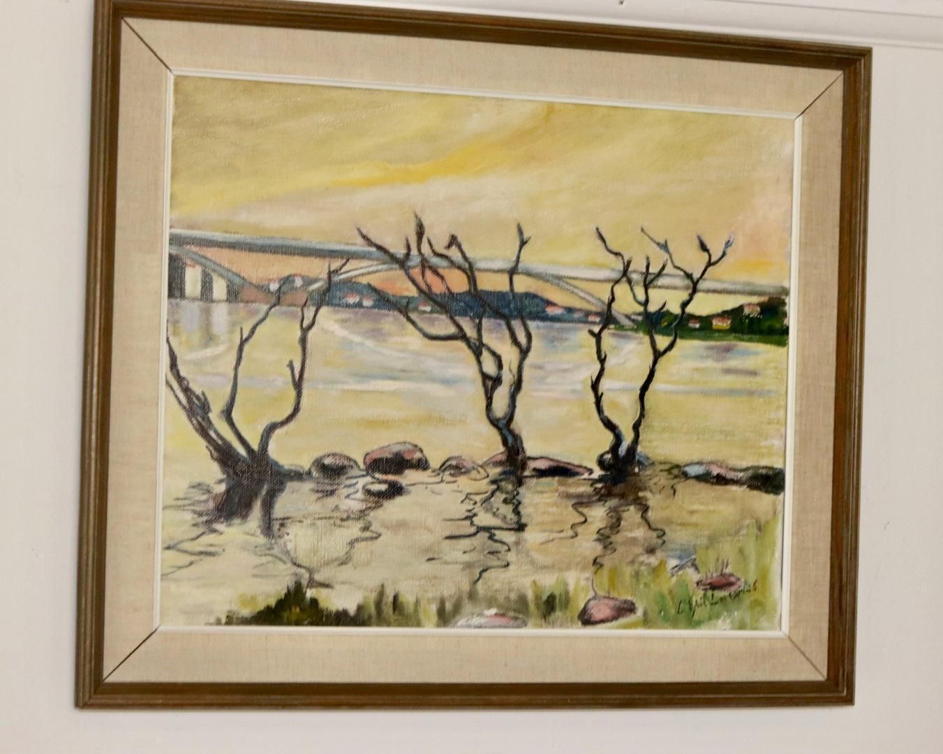 Original Swedish Oil On Canvas Painting "Water Side"   Vintage & Framed photo furniture
