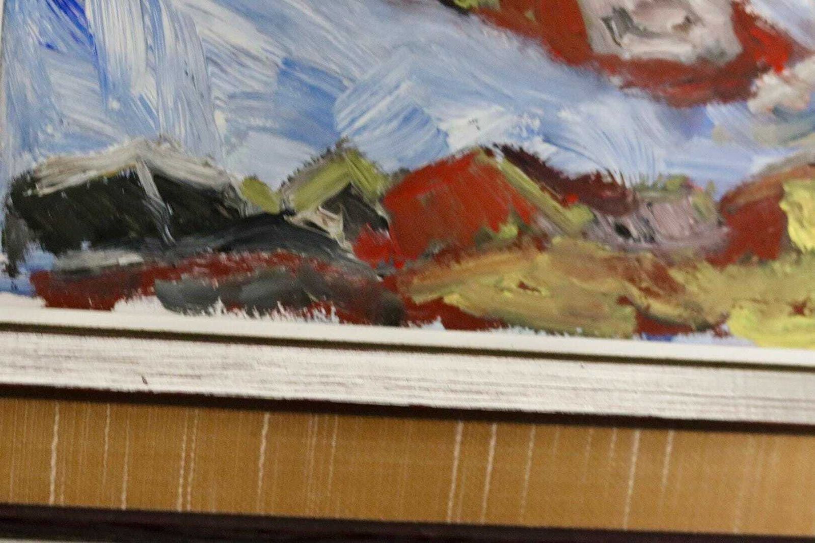 Swedish Mid Century Oil On Board Painting "Mountain Motif" By H öman  Vintage & Framed photo vintage