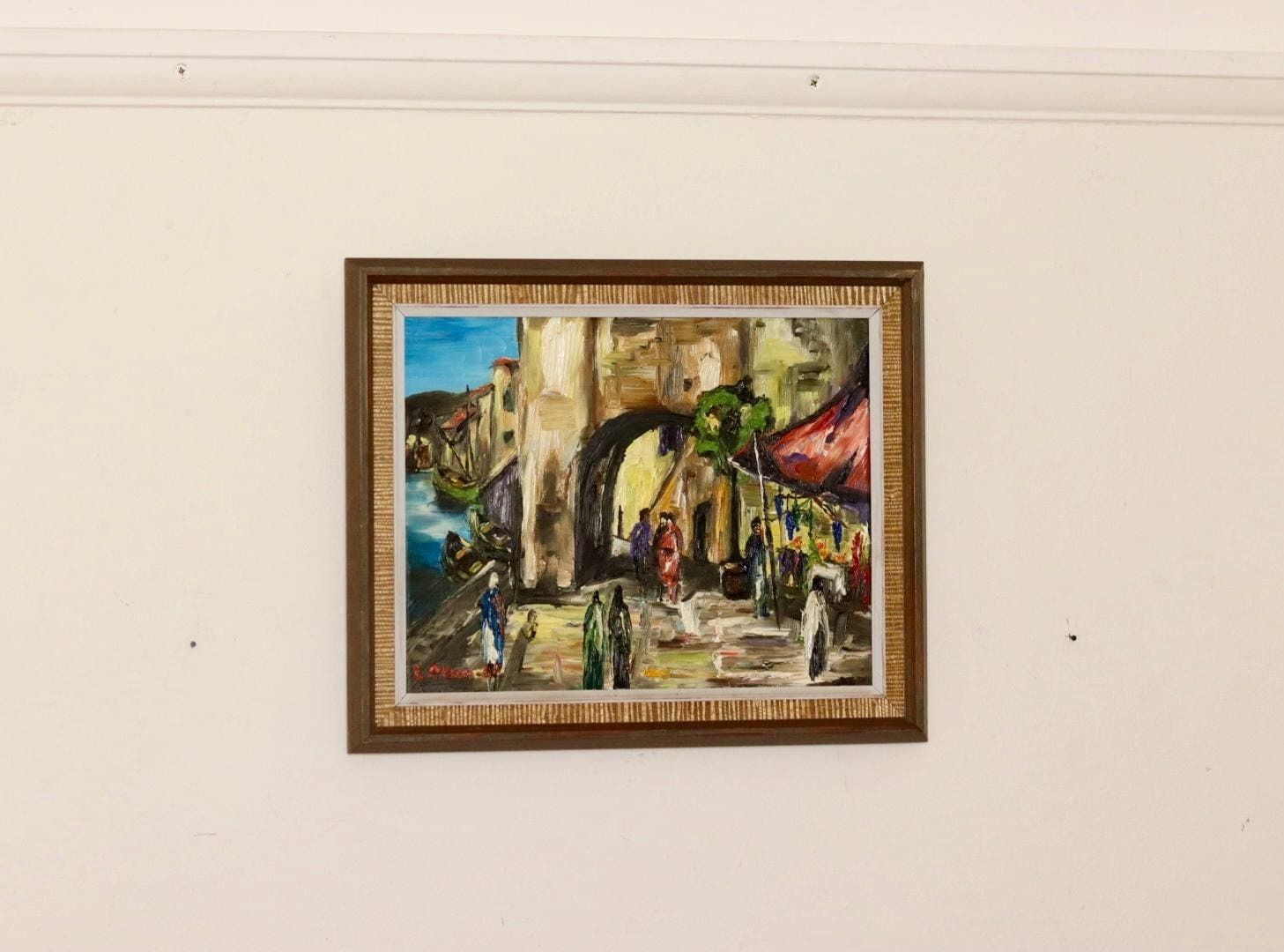 Original Swedish Mid Century Oil On Panel Painting "City By The Water" By L. Olsson  Vintage & Framed photo for sale