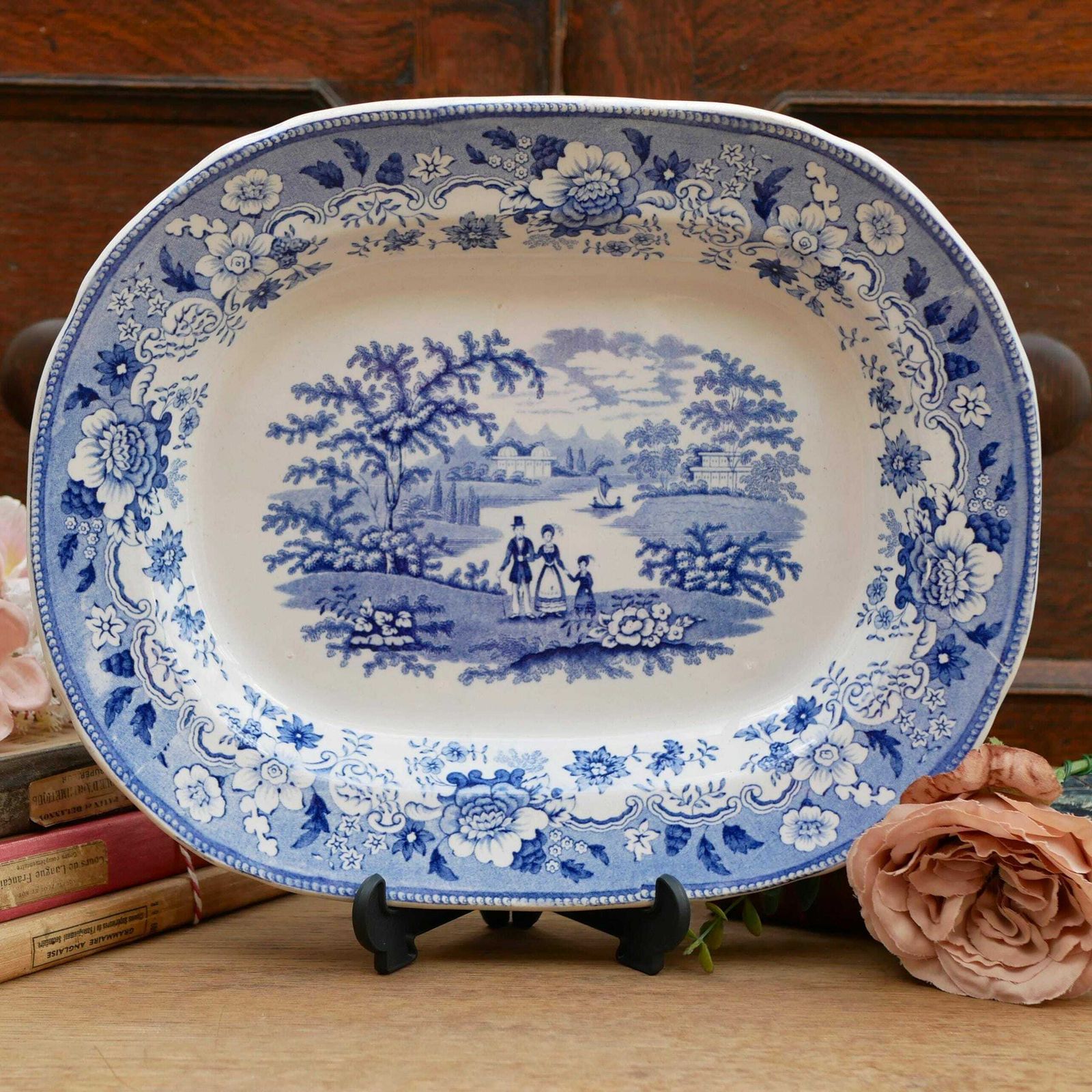 Antique English Ironstone 19th Century Blue & White Meat Platter Serving Dish Featuring Eton College Decorative Collectable China Ceramic photo furniture