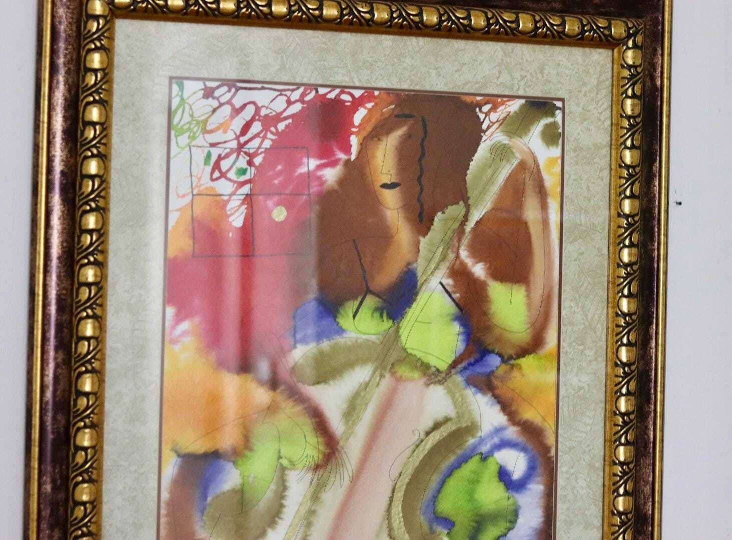 Mixed Media On Panel Painting "Musician" By Marina Lomakina    Framed photo vinterior