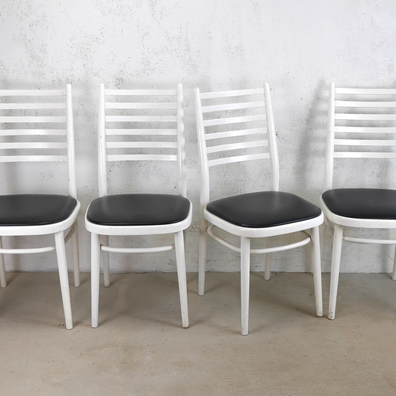 Set 4 Mid Century White  Ladder Back Bentwood Dining Chairs With Faux Black Leather Seats photo furniture