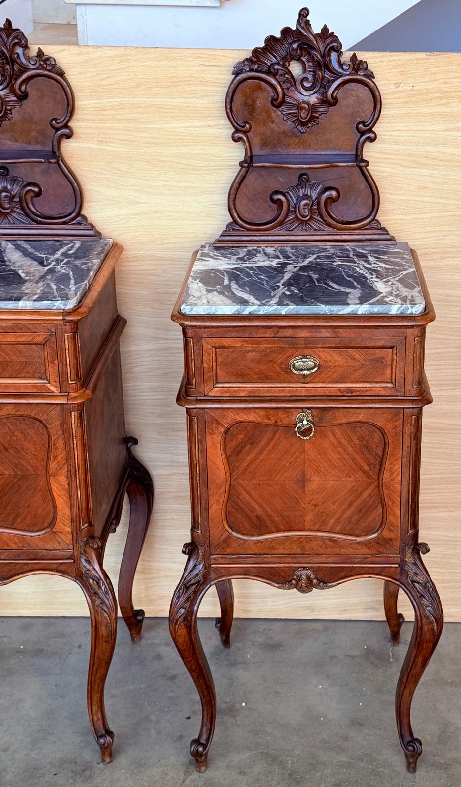 Antique French Mahogany Night Stands With Marble Top And Crest, 1900 photo vinterior