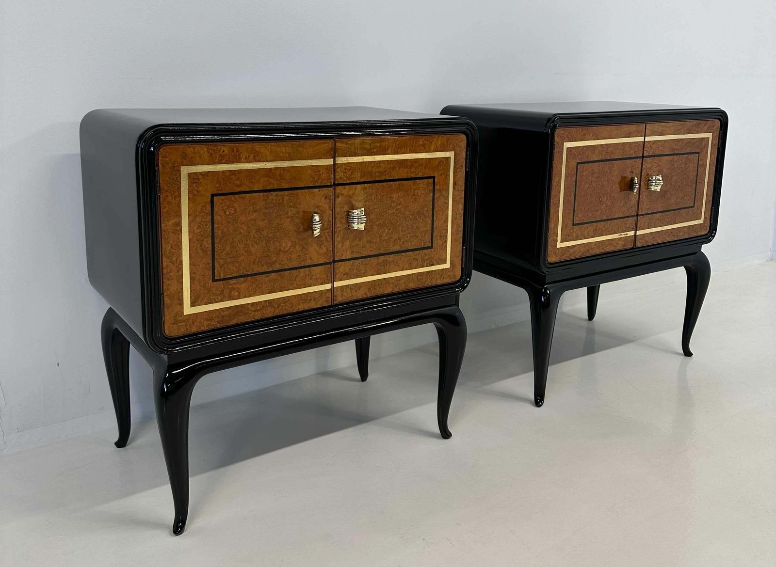 Italian Art Deco Nightstands In Maple, Gold Leaf And Black Lacquer, 1940s photo for sale