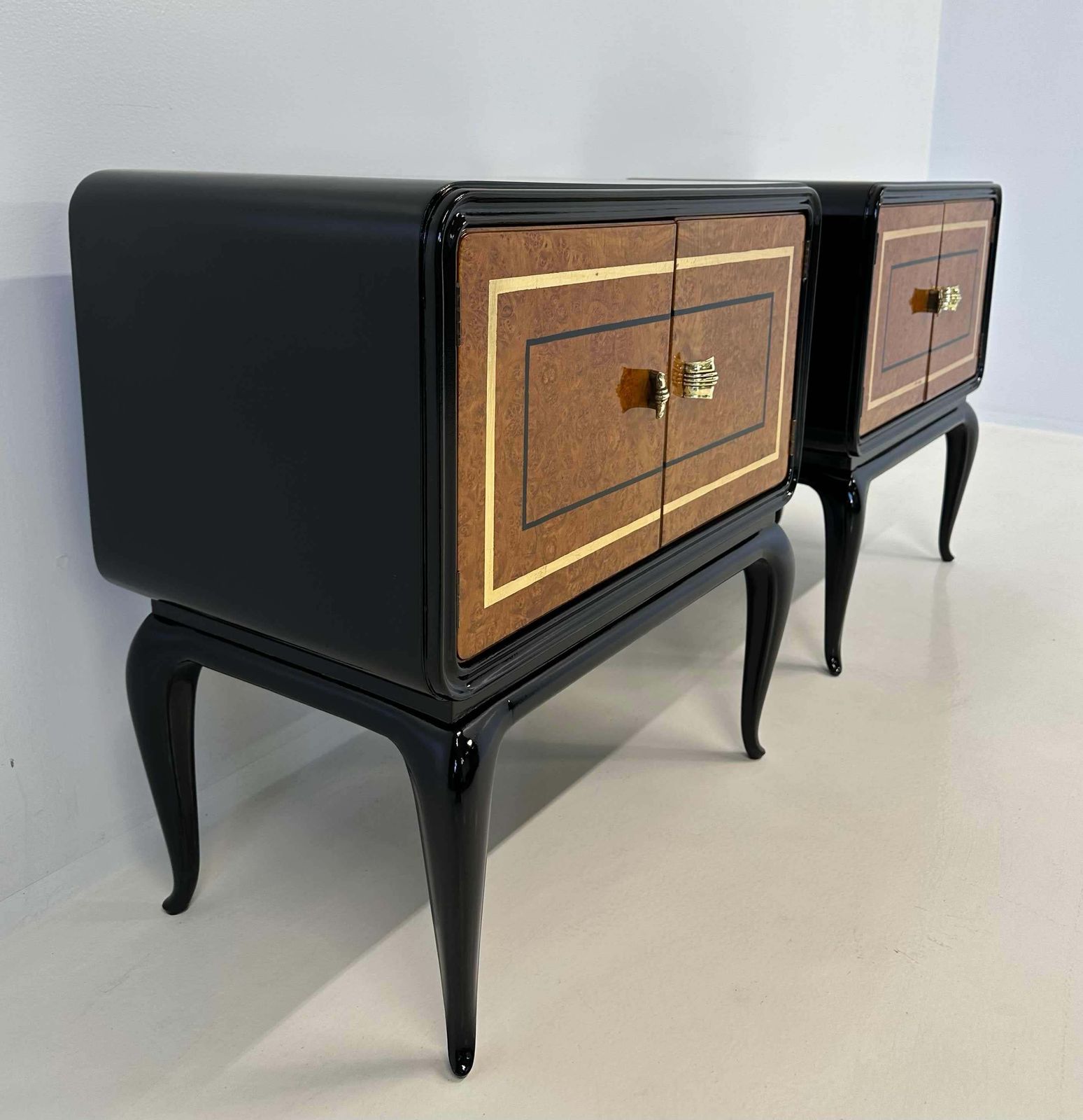 Italian Art Deco Nightstands In Maple, Gold Leaf And Black Lacquer, 1940s photo Furniture