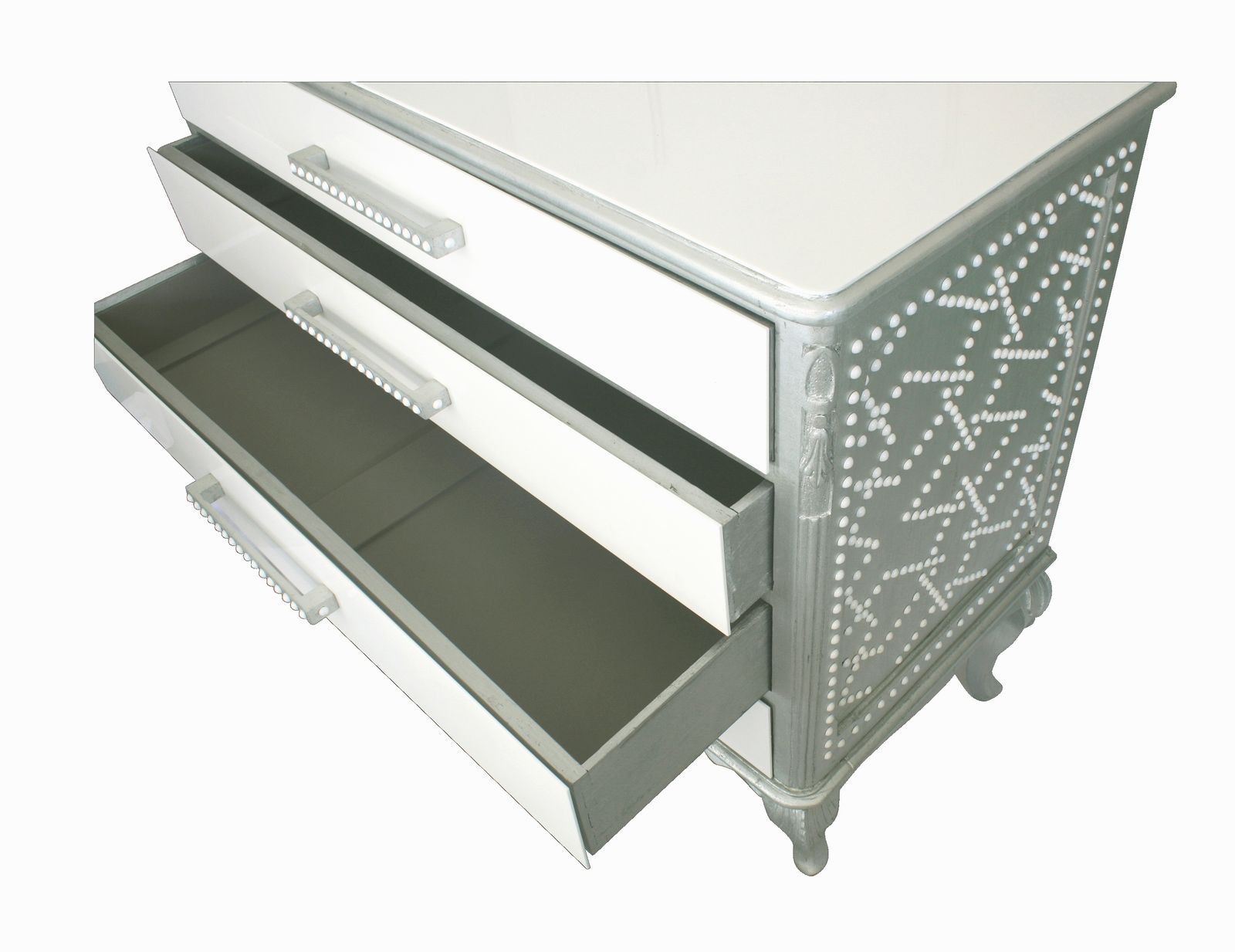 "Classic Meets Plastic" Restyled Chest Of Drawers By Habitat Improver With Silver Leaf And White Lucite photo for sale