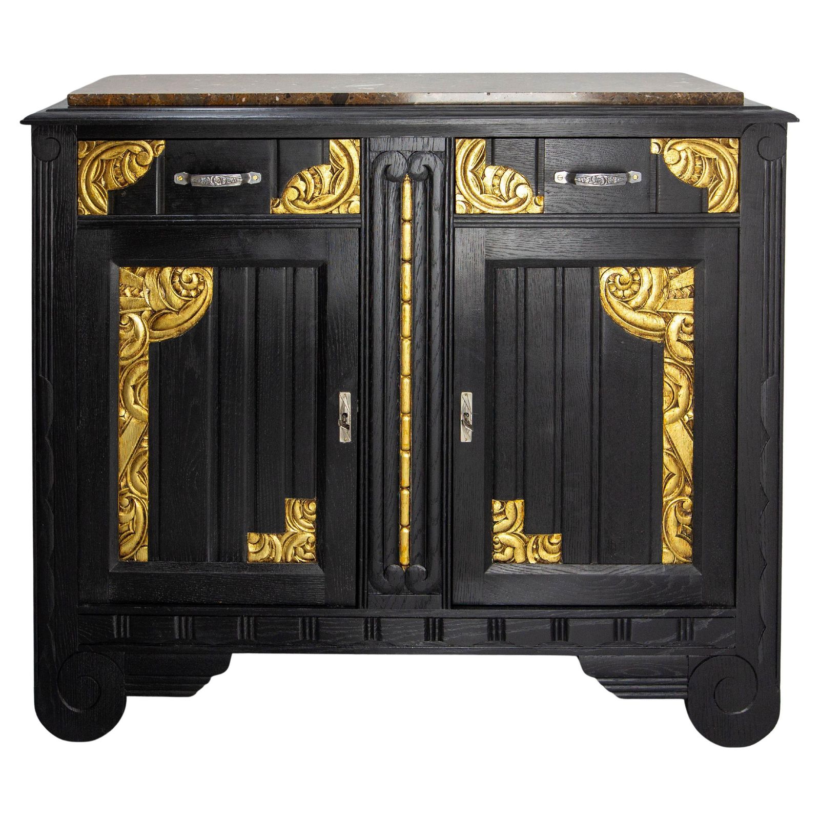 Art Deco Credenza Sideboard French Black & Golden Refinished Buffet, Circa 1930