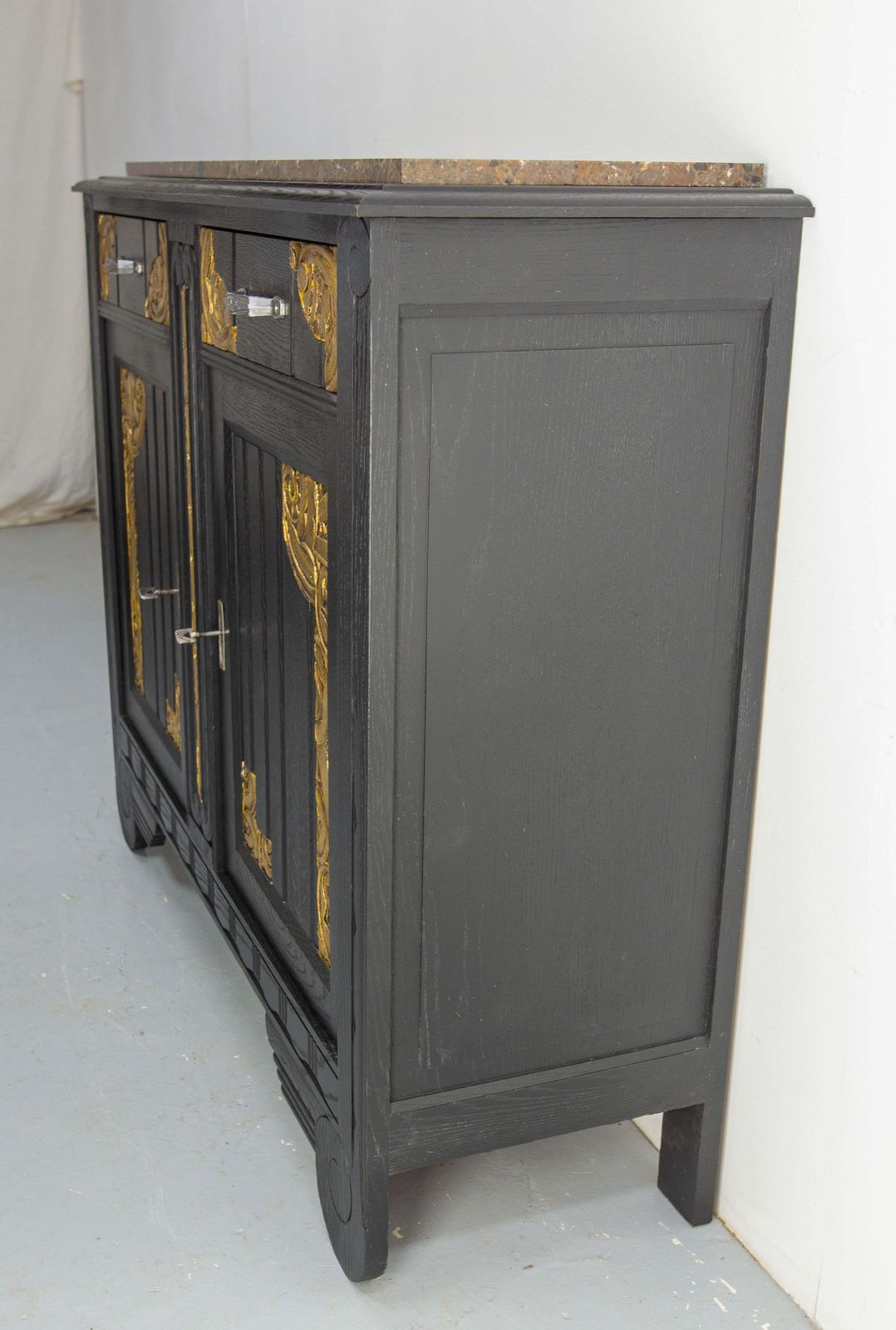 Art Deco Credenza Sideboard French Black & Golden Refinished Buffet, Circa 1930 photo for sale
