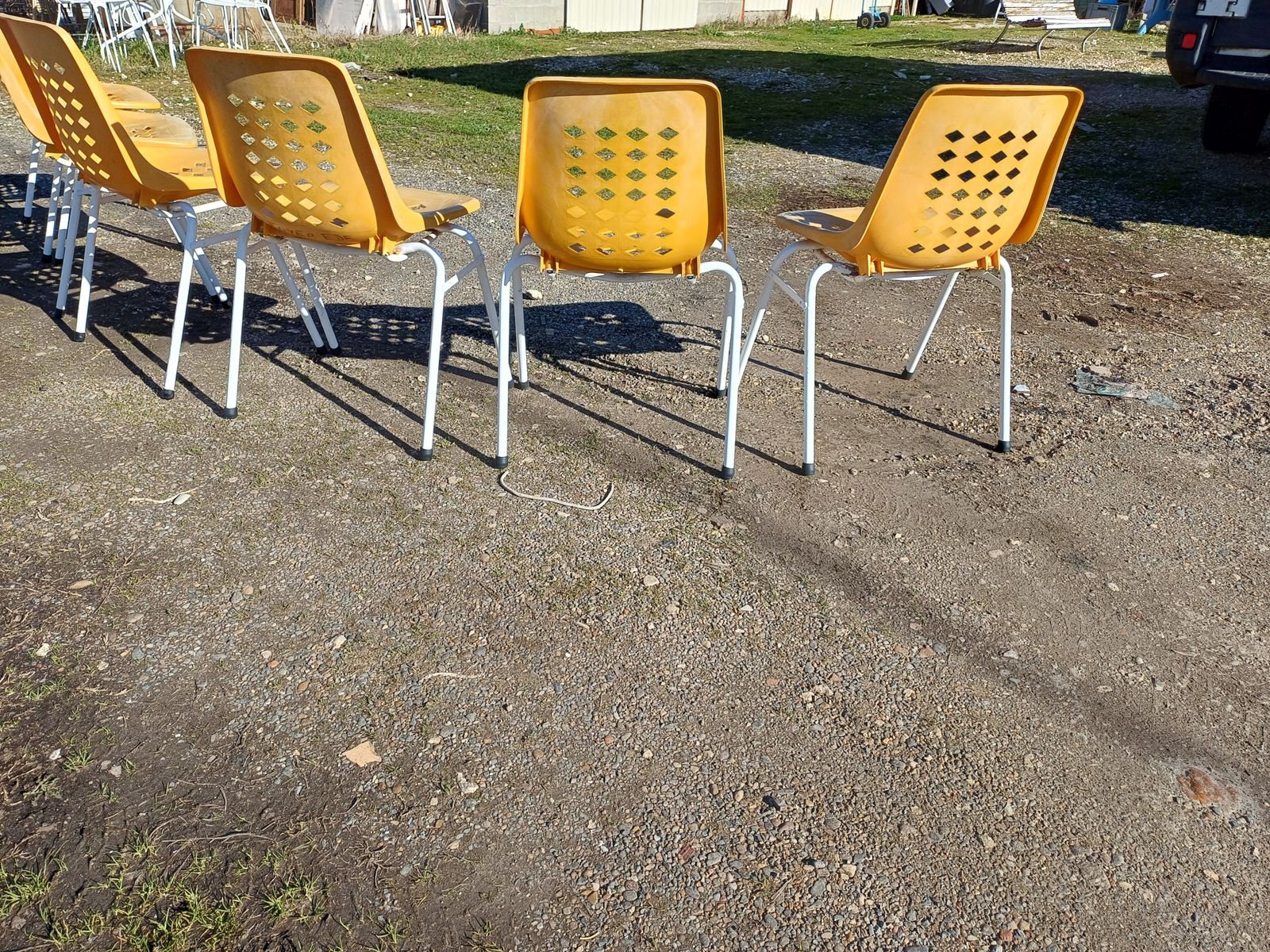 6 Vintage Iron And Orange Plastic Garden Chairs photo vintage